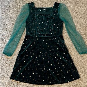 Allegra K Emerald Velvet Dress with Gold Accents and Sheer Sleeves